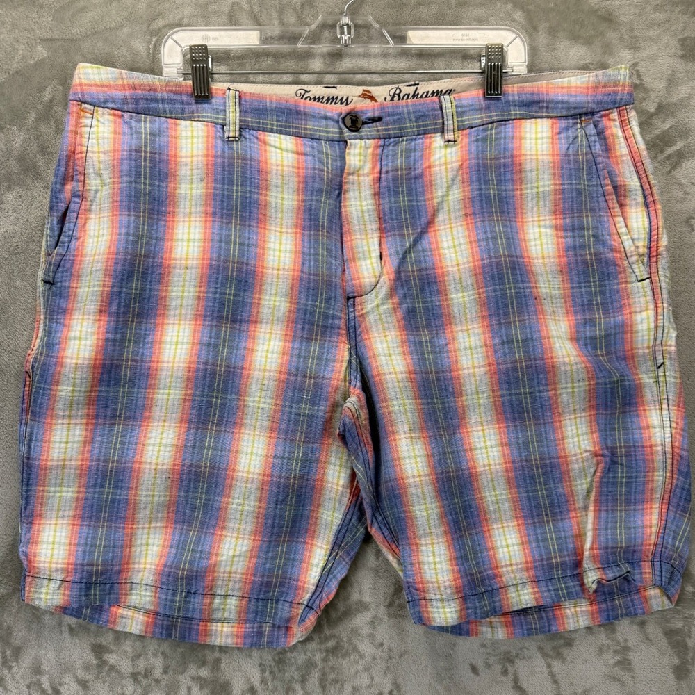 Tommy Bahama Men 40‎ Plaid Linen Tencel Shorts Blue Orange Island Resort Casual